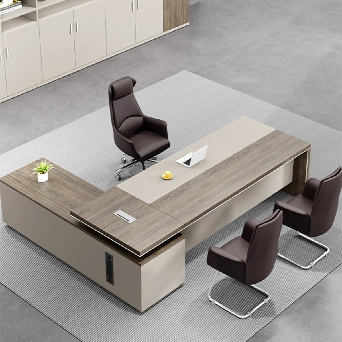 Executive Beige Brown Drawers L-Shape Long Office Desk Image - 4