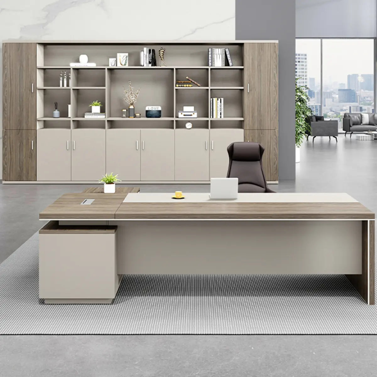 Executive Beige Brown Drawers L-Shape Long Office Desk Image - 5