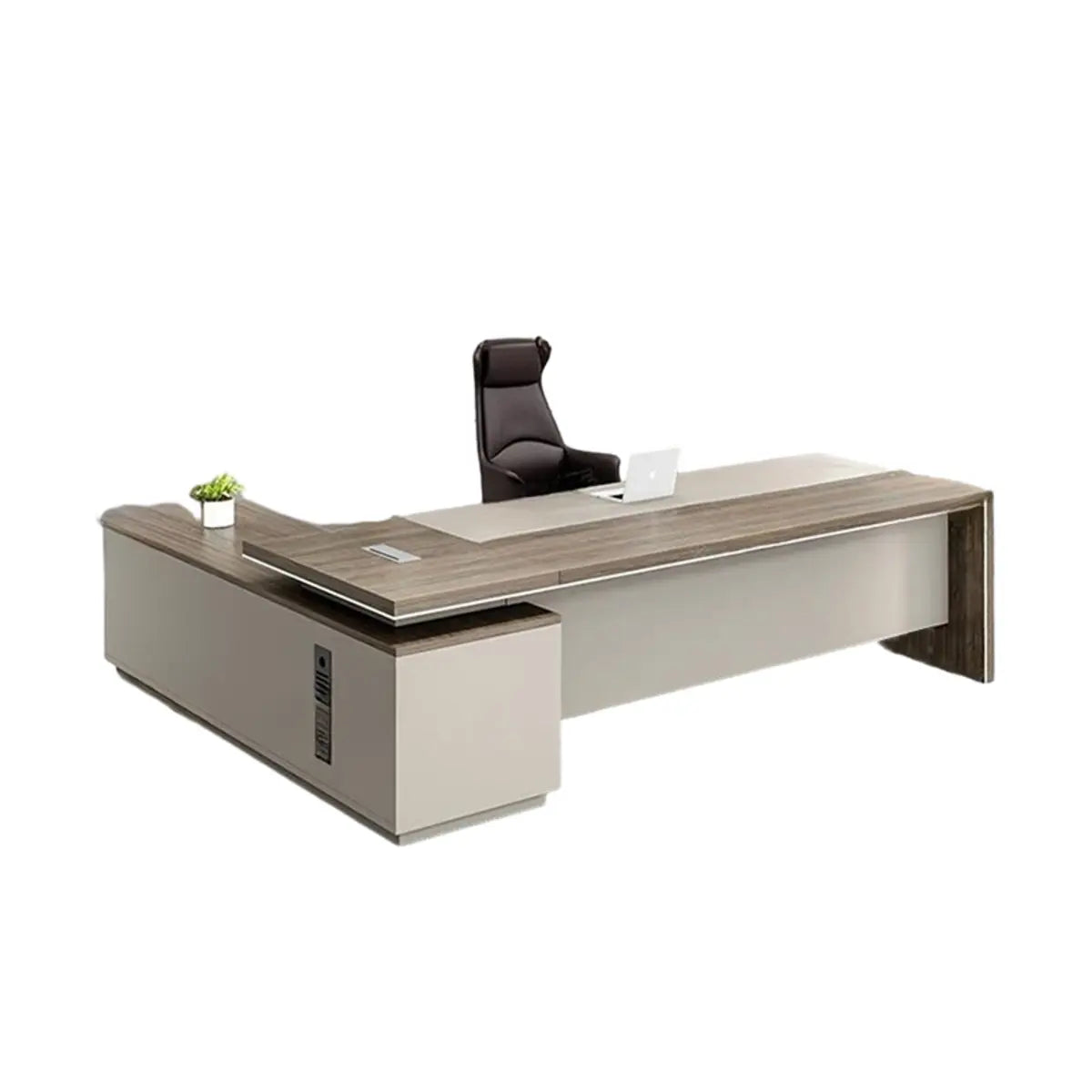 Executive Beige Brown Drawers L-Shape Long Office Desk Image - 6
