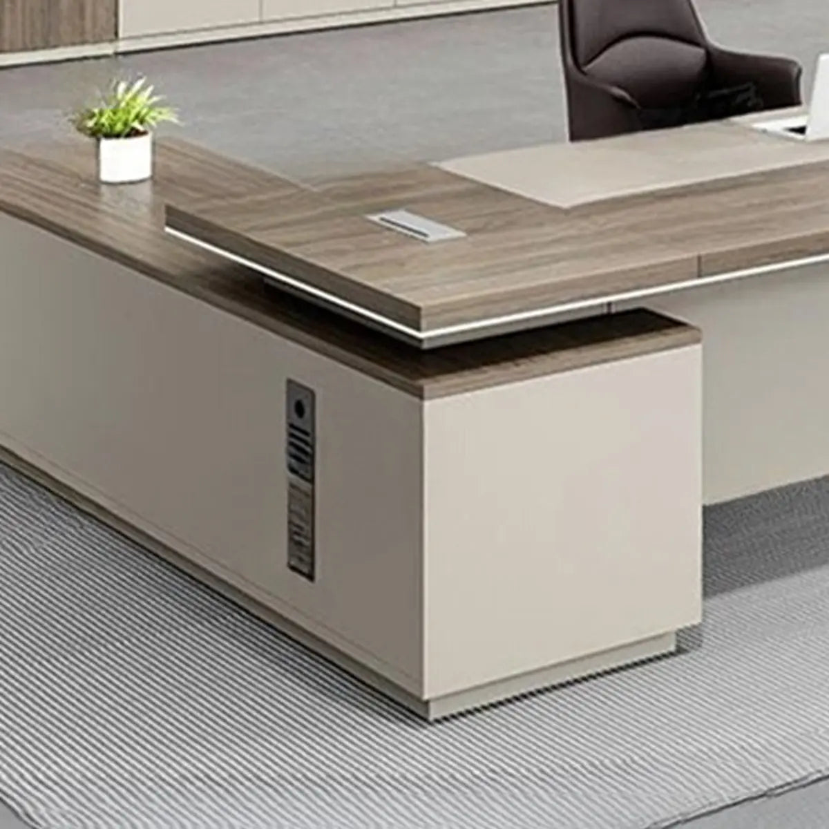 Executive Beige Brown Drawers L-Shape Long Office Desk Image - 9