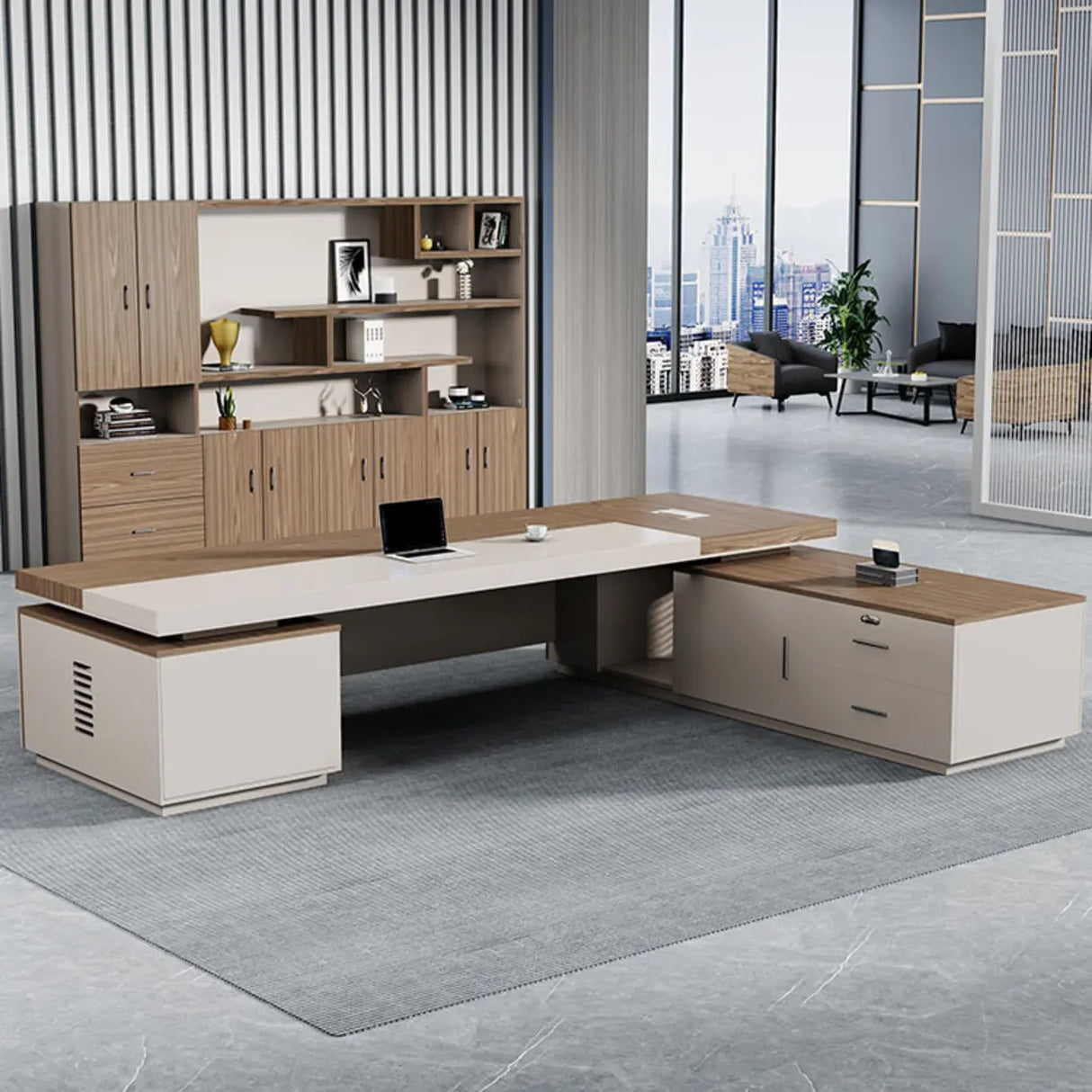 Executive Brown Beige Wooden L-Shaped Office Desk Image - 1