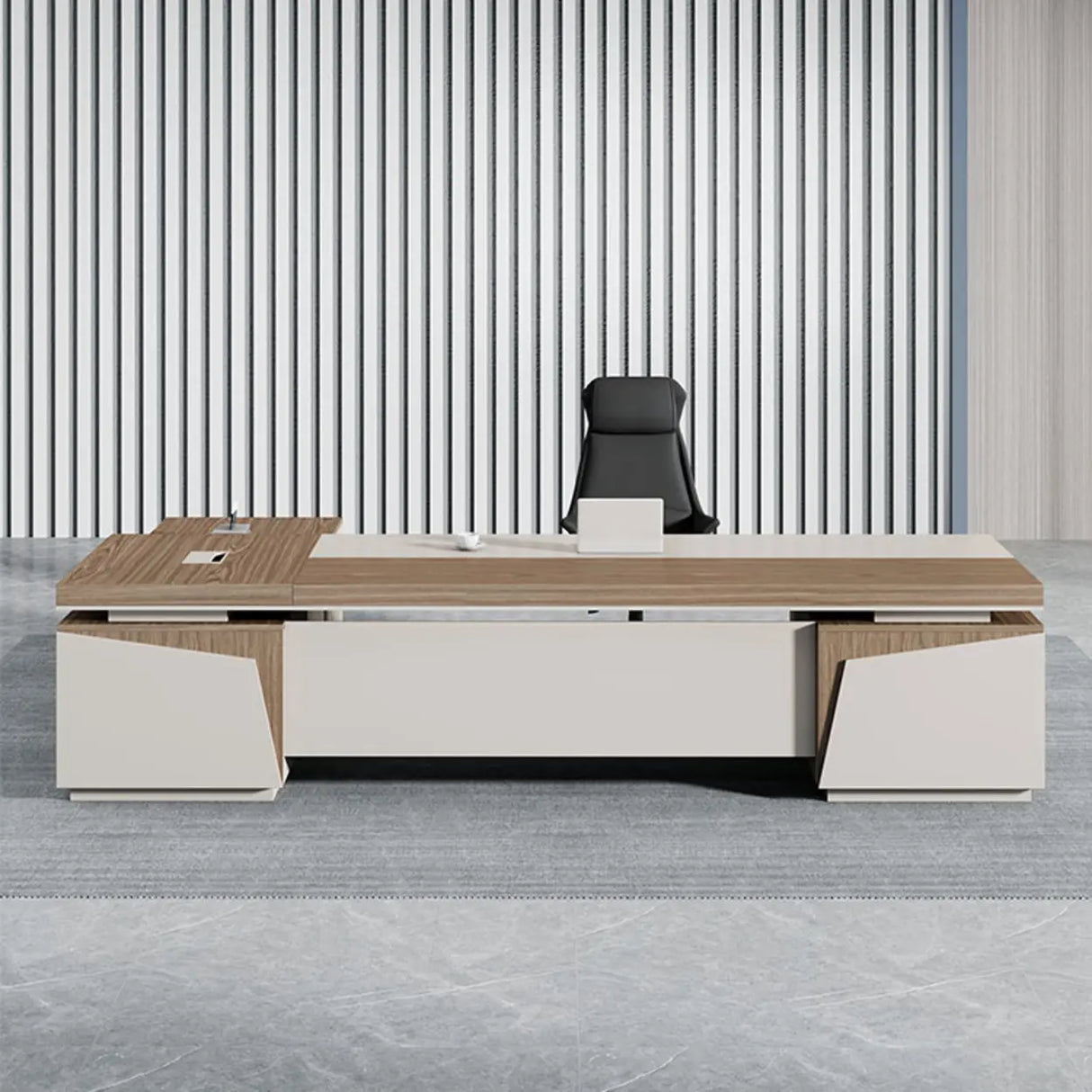 Executive Brown Beige Wooden L-Shaped Office Desk Image - 2