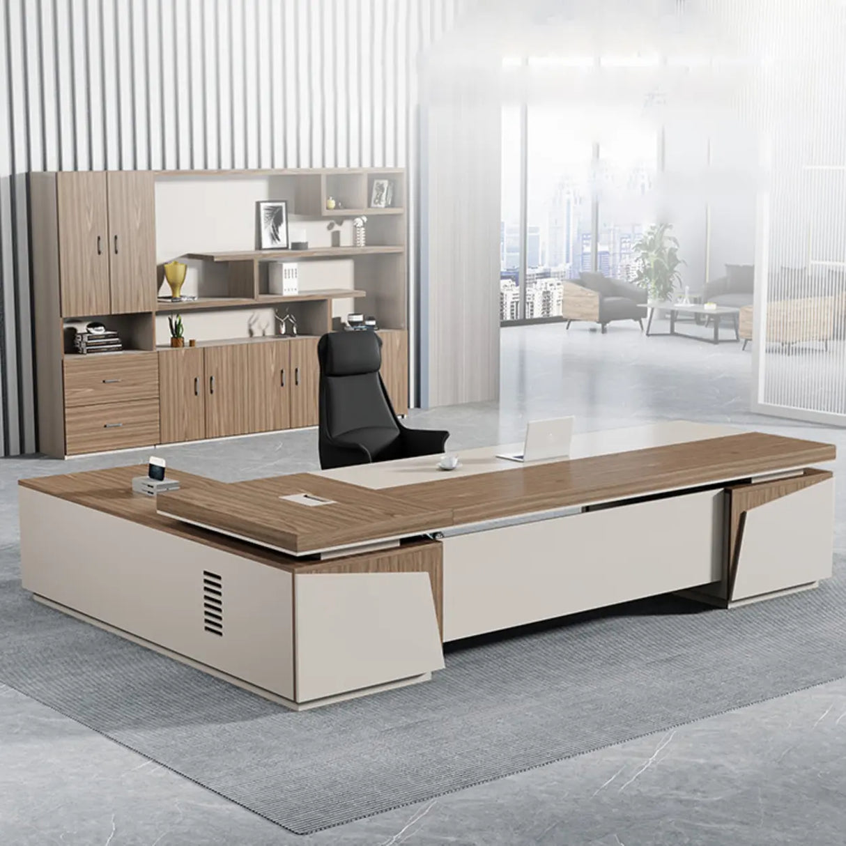 Executive Brown Beige Wooden L-Shaped Office Desk Image - 4