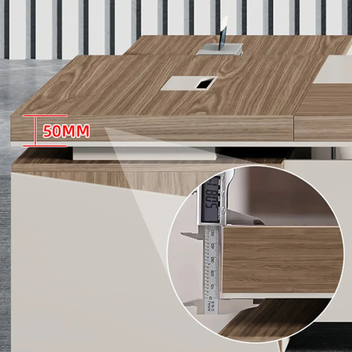 Executive Brown Beige Wooden L-Shaped Office Desk Image - 7