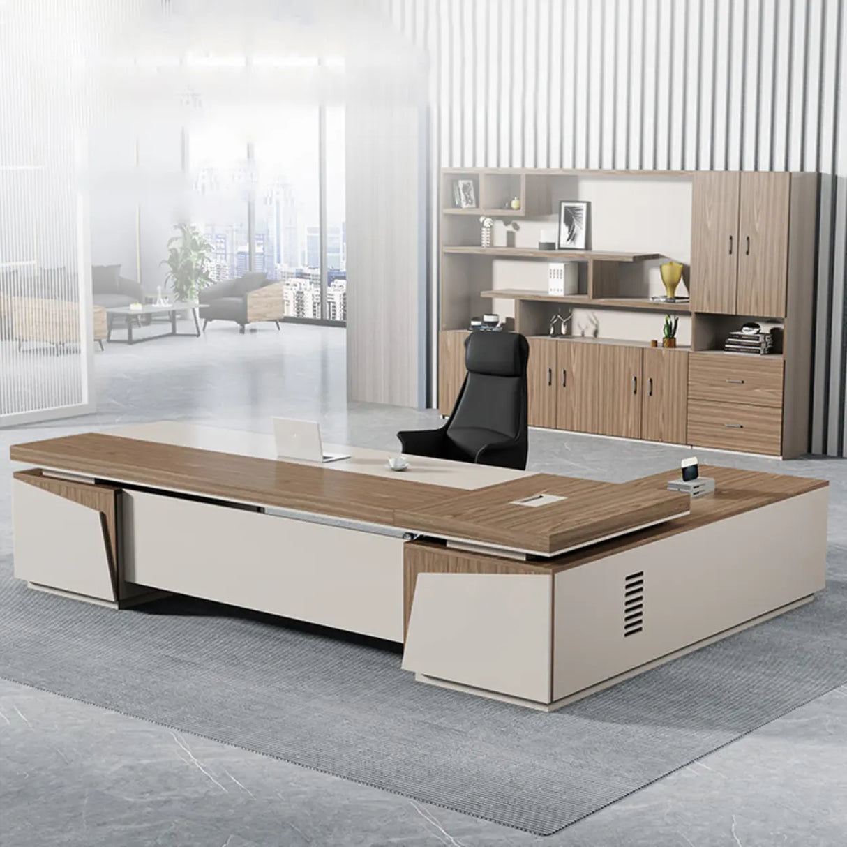 Executive Brown Beige Wooden L-Shaped Office Desk Image - 5