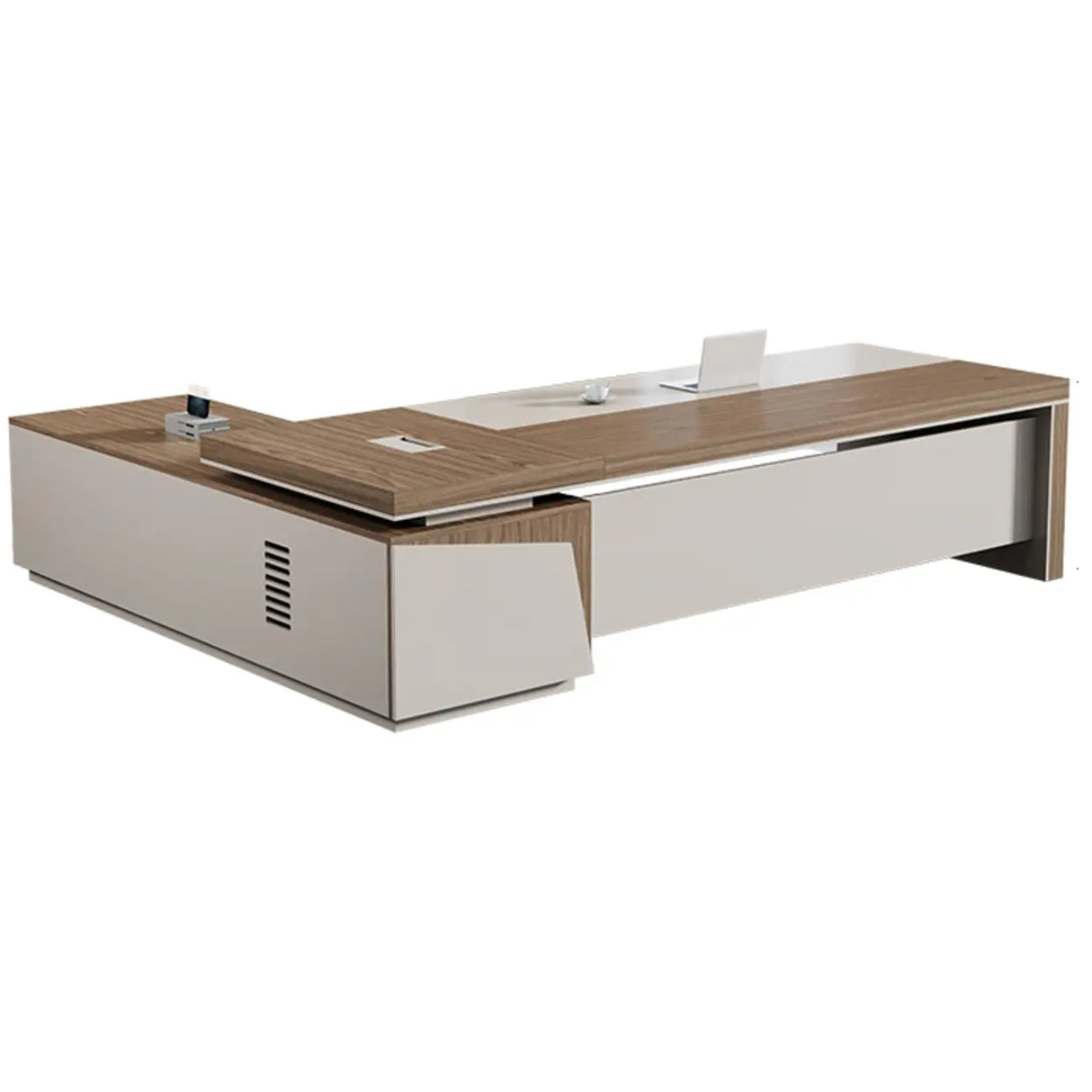 Executive Brown Beige Wooden L-Shaped Office Desk Image - 6