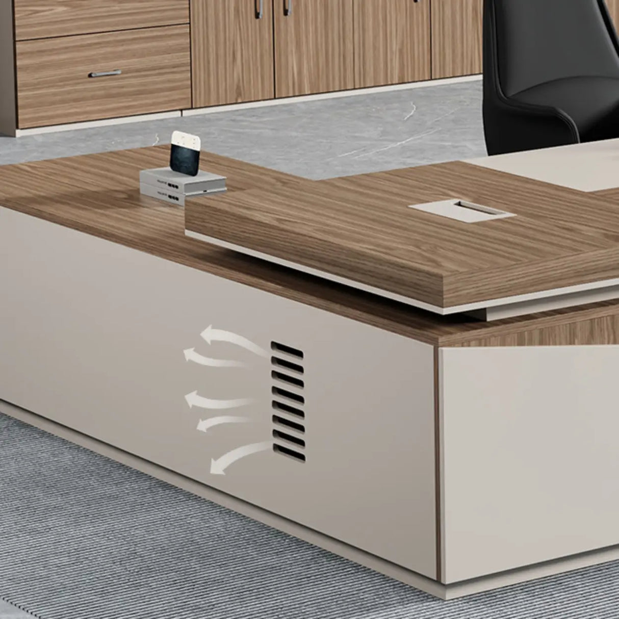Executive Brown Beige Wooden L-Shaped Office Desk Image - 9