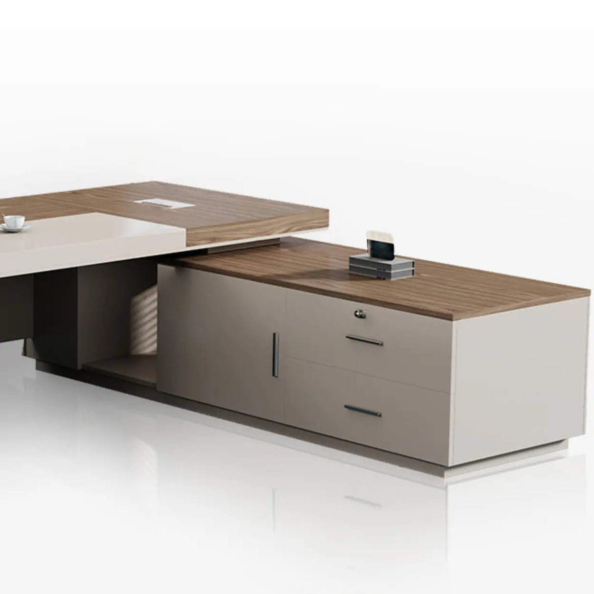 Executive Brown Beige Wooden L-Shaped Office Desk Image - 10