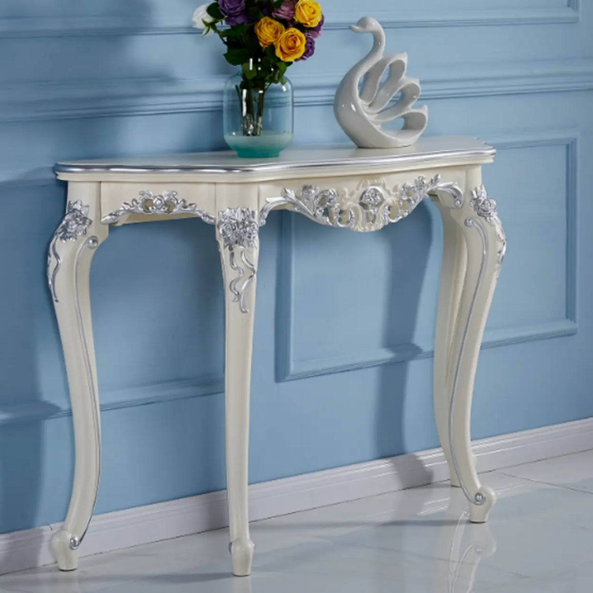 Exquisite Curved Legs Half-circle Wood White Console Table Image - 13