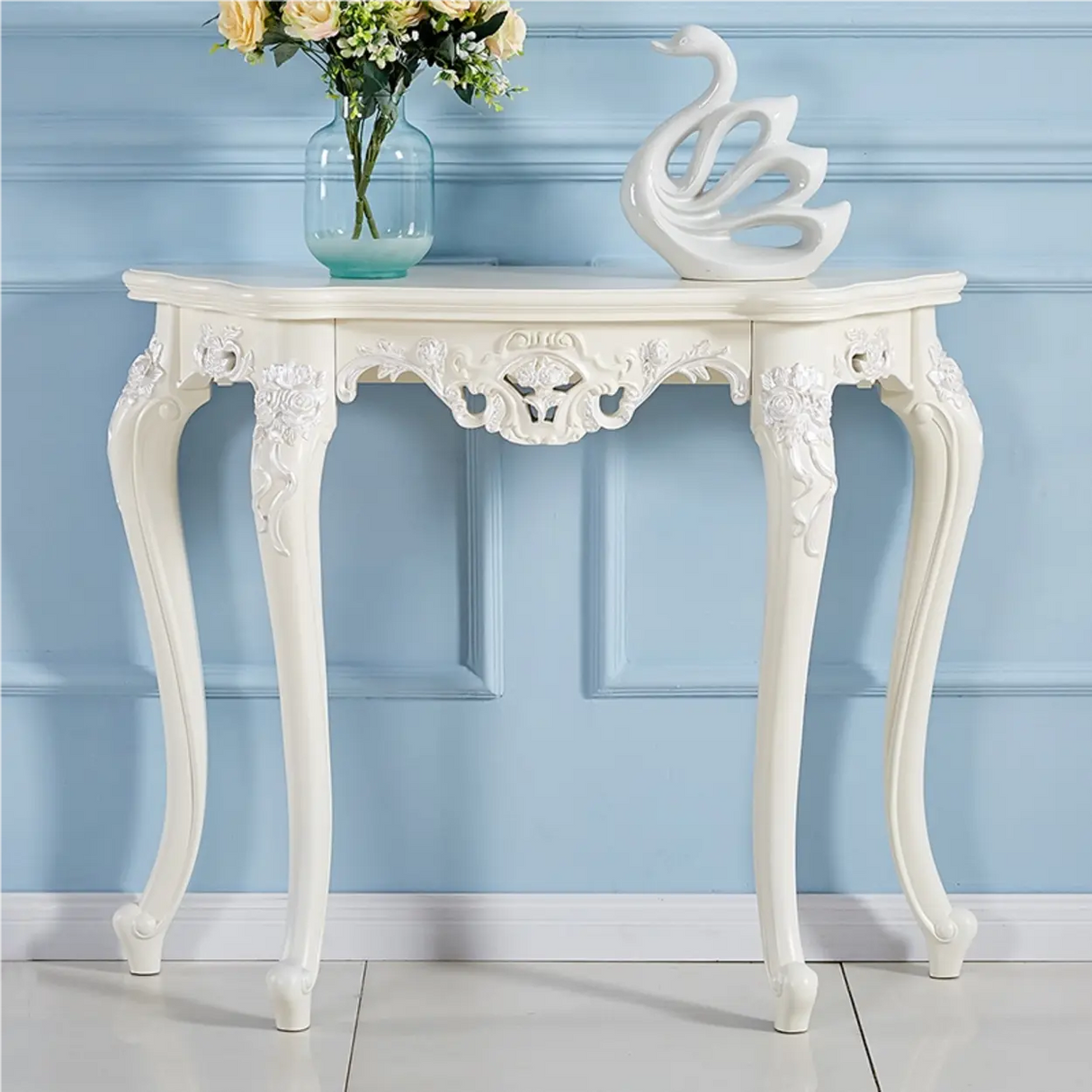 Exquisite Curved Legs Half-circle Wood White Console Table Image - 5