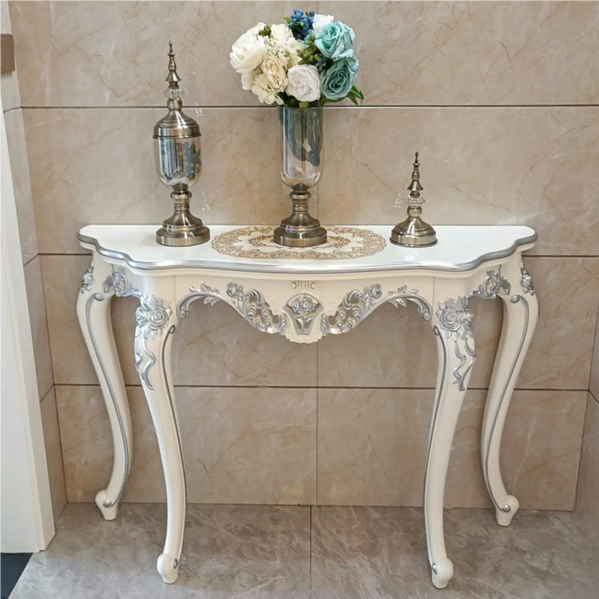 Exquisite Curved Legs Half-circle Wood White Console Table Image - 7