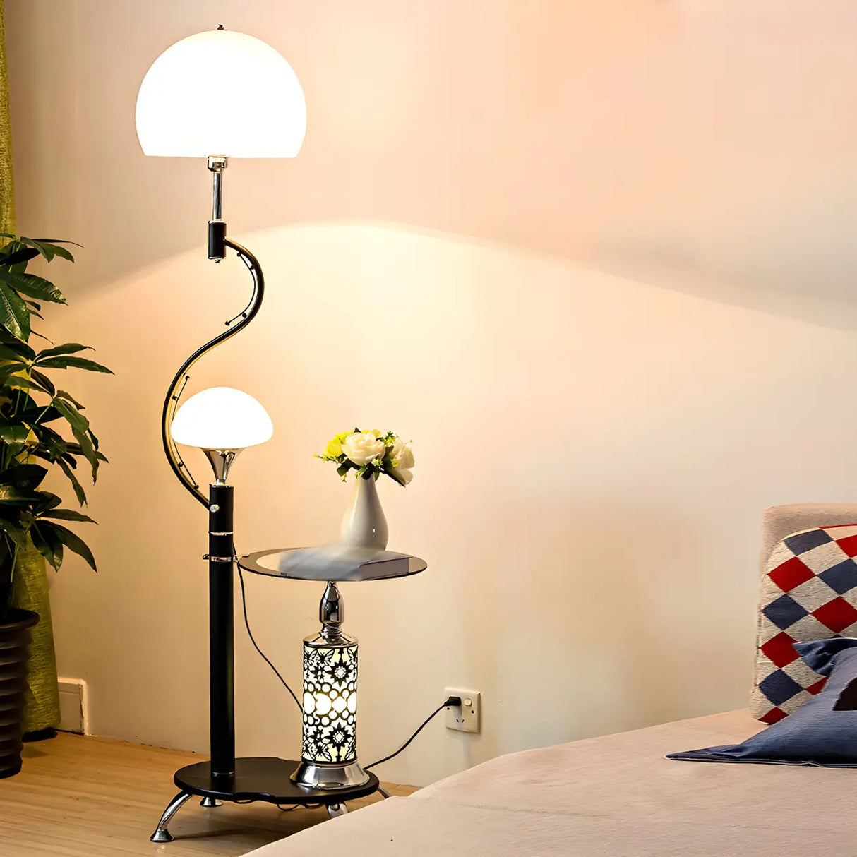 Exquisite Dome and Curved Metal Floor Lamp with Shelf Image - 1