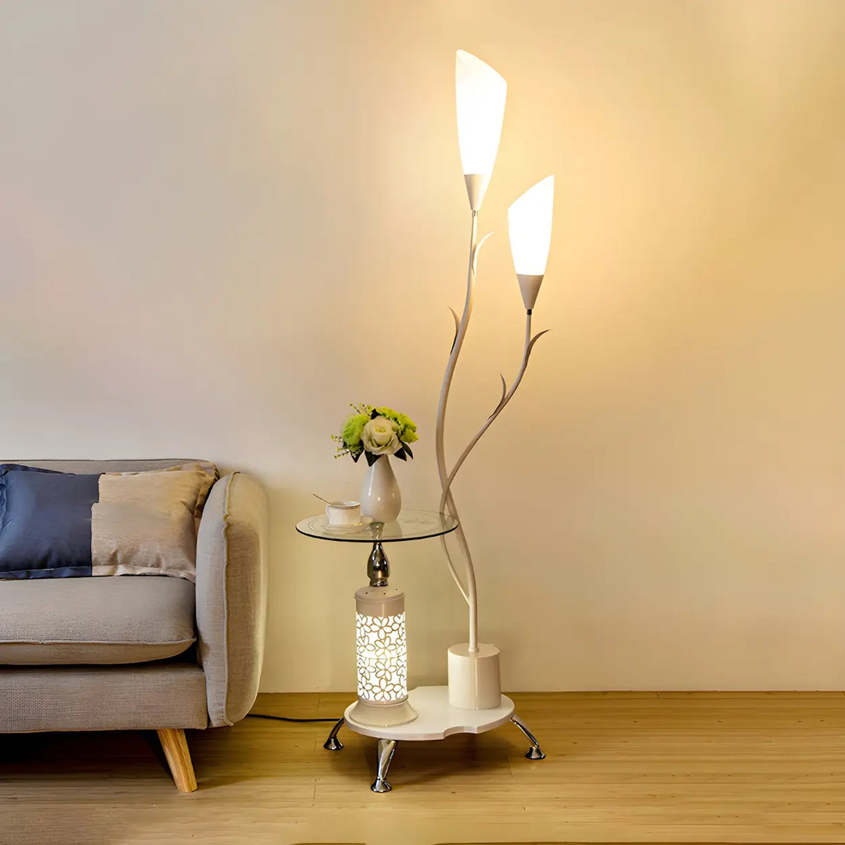 Exquisite Dome and Curved Metal Floor Lamp with Shelf Image - 10