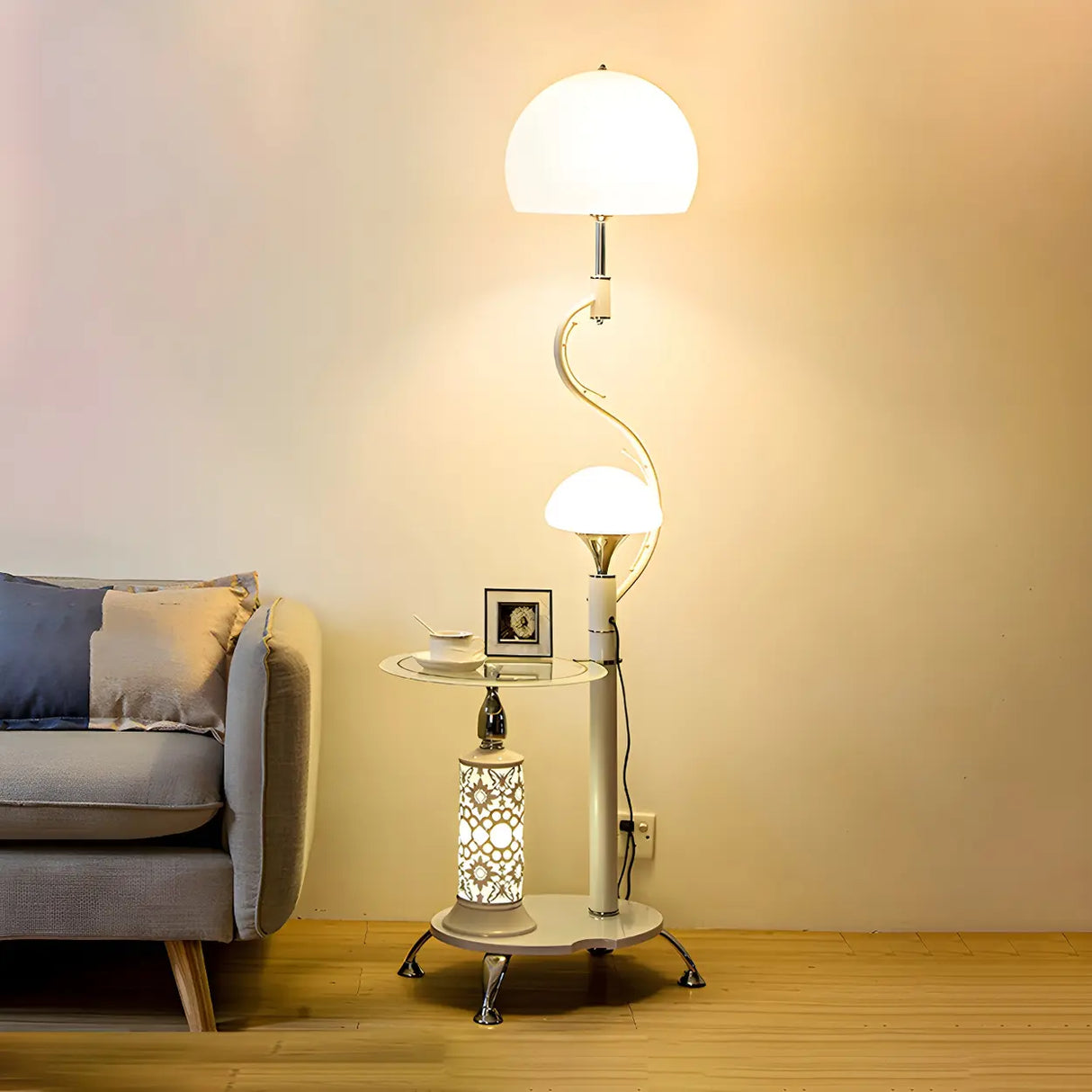 Exquisite Dome and Curved Metal Floor Lamp with Shelf Image - 11