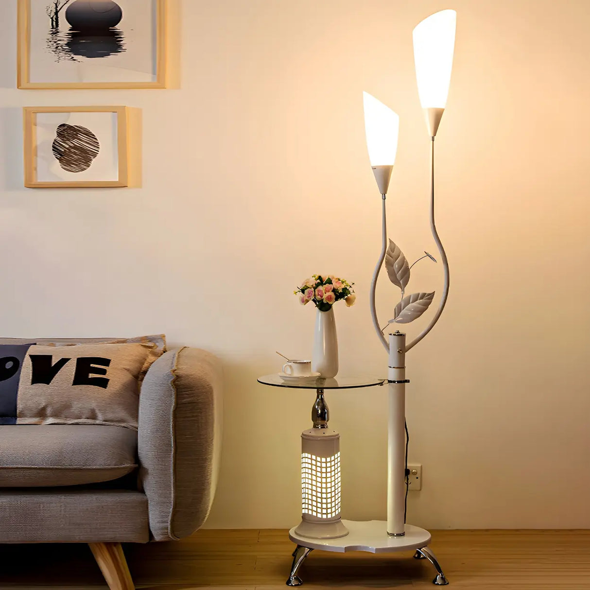 Exquisite Dome and Curved Metal Floor Lamp with Shelf Image - 16