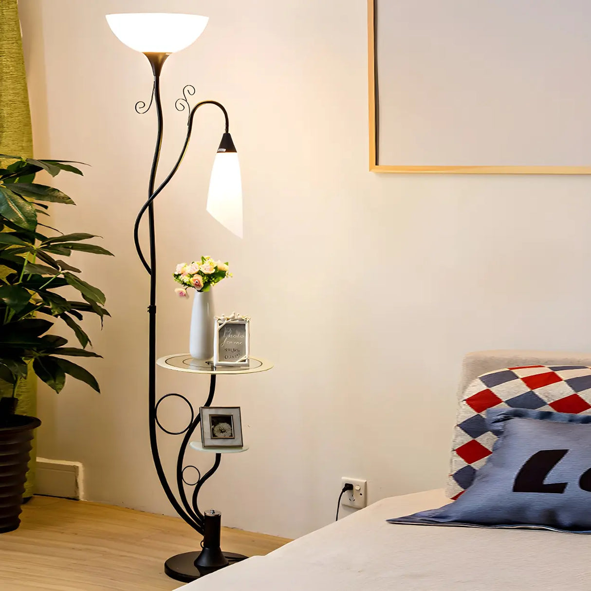 Exquisite Dome and Curved Metal Floor Lamp with Shelf Image - 17