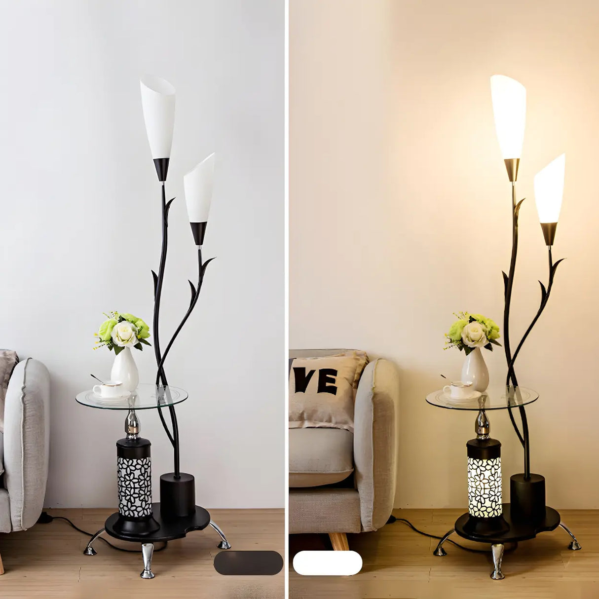 Exquisite Dome and Curved Metal Floor Lamp with Shelf Image - 18