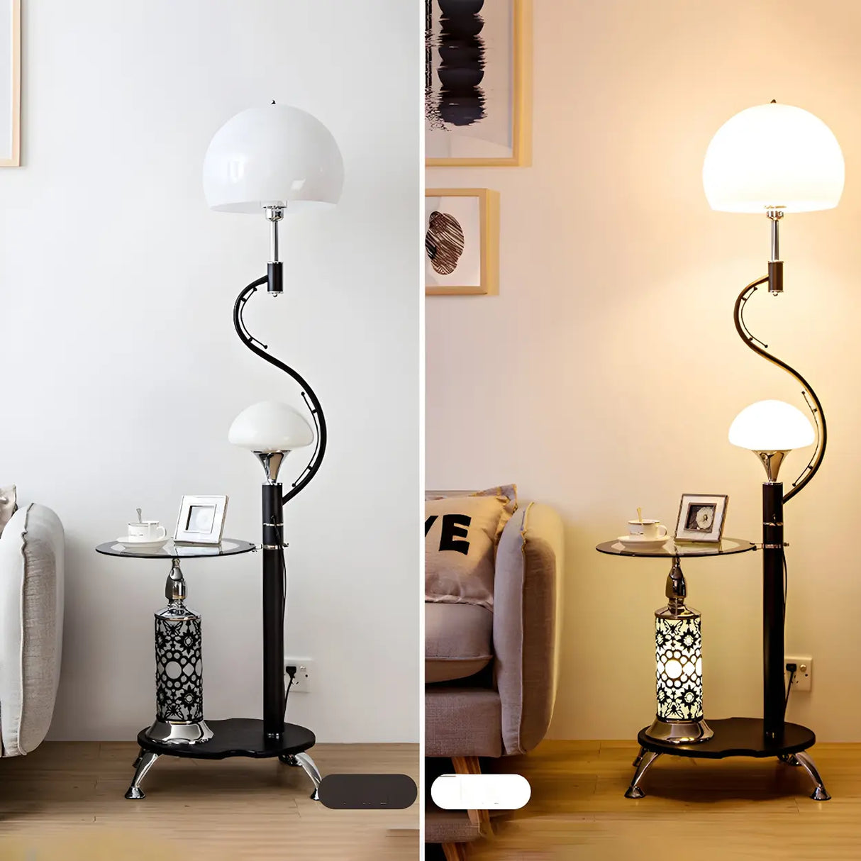 Exquisite Dome and Curved Metal Floor Lamp with Shelf Image - 19