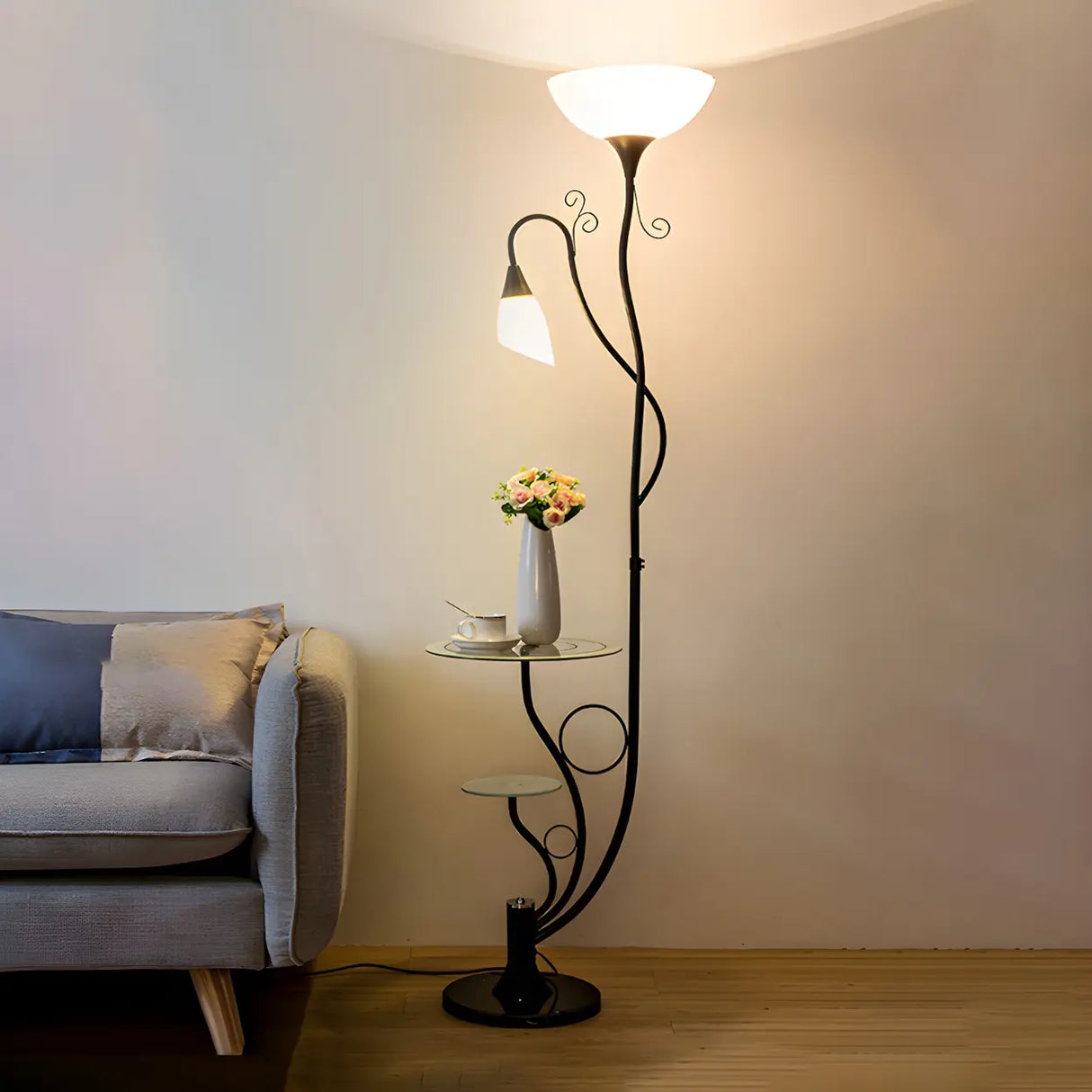 Exquisite Dome and Curved Metal Floor Lamp with Shelf Image - 2