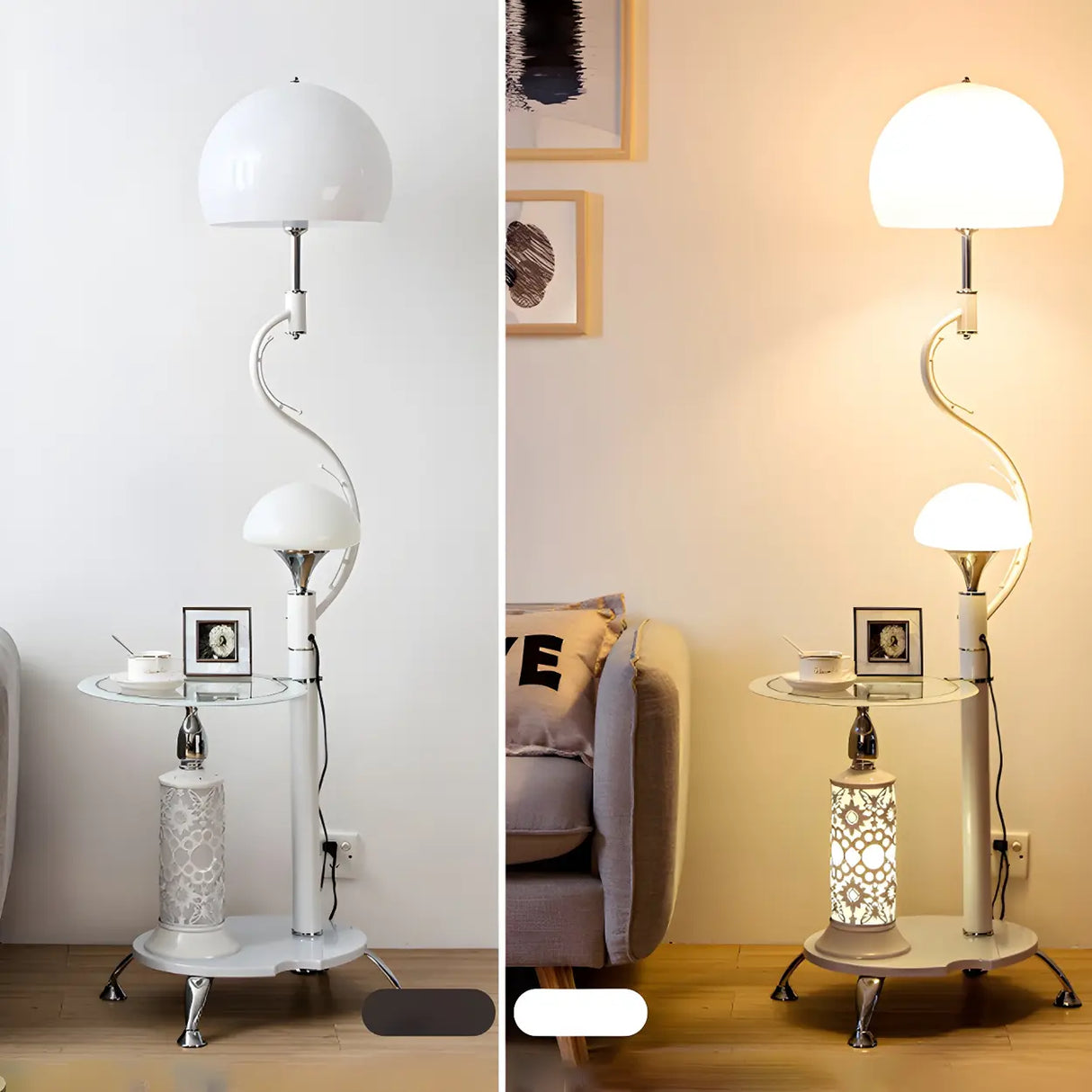 Exquisite Dome and Curved Metal Floor Lamp with Shelf Image - 20