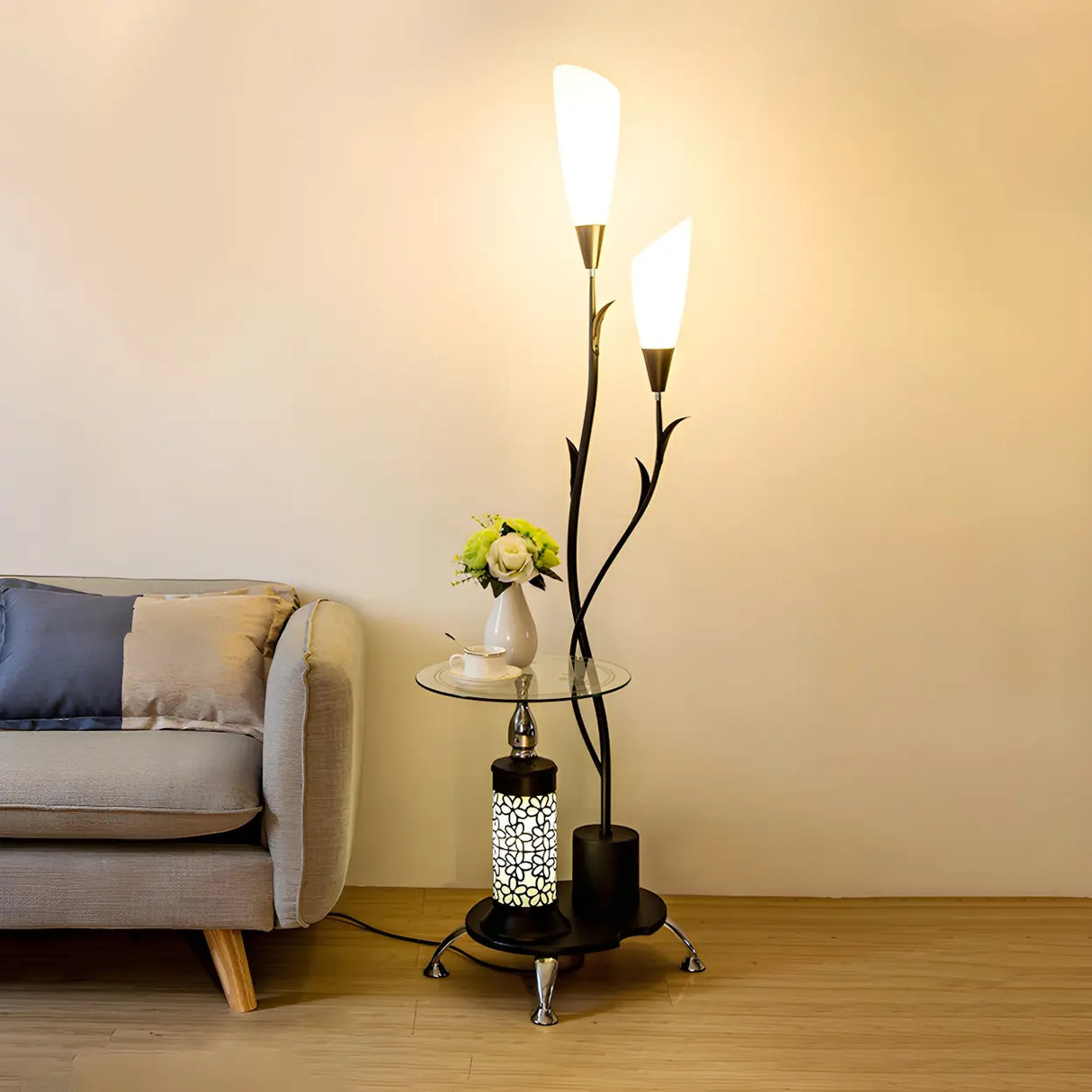 Exquisite Dome and Curved Metal Floor Lamp with Shelf Image - 3