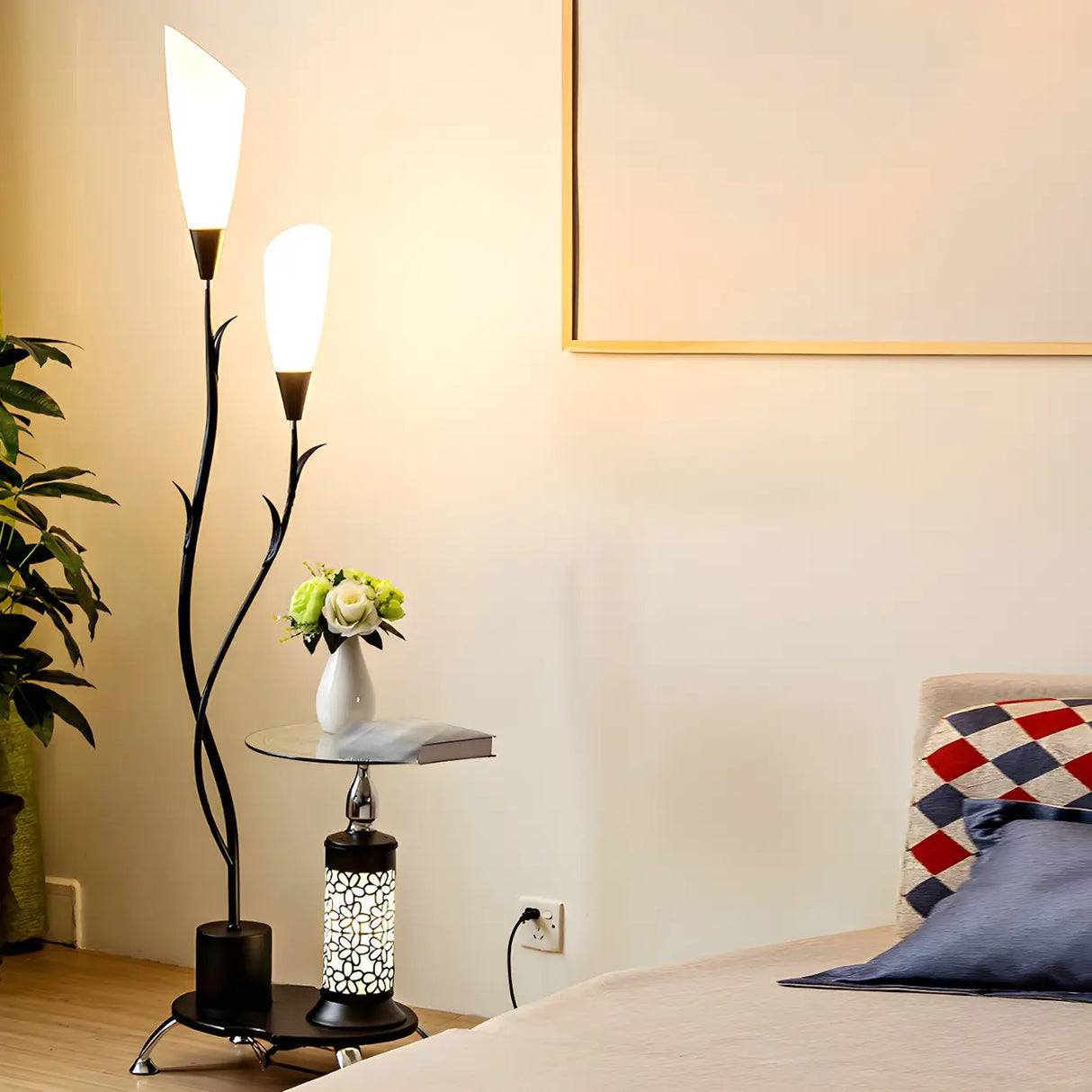 Exquisite Dome and Curved Metal Floor Lamp with Shelf Image - 4