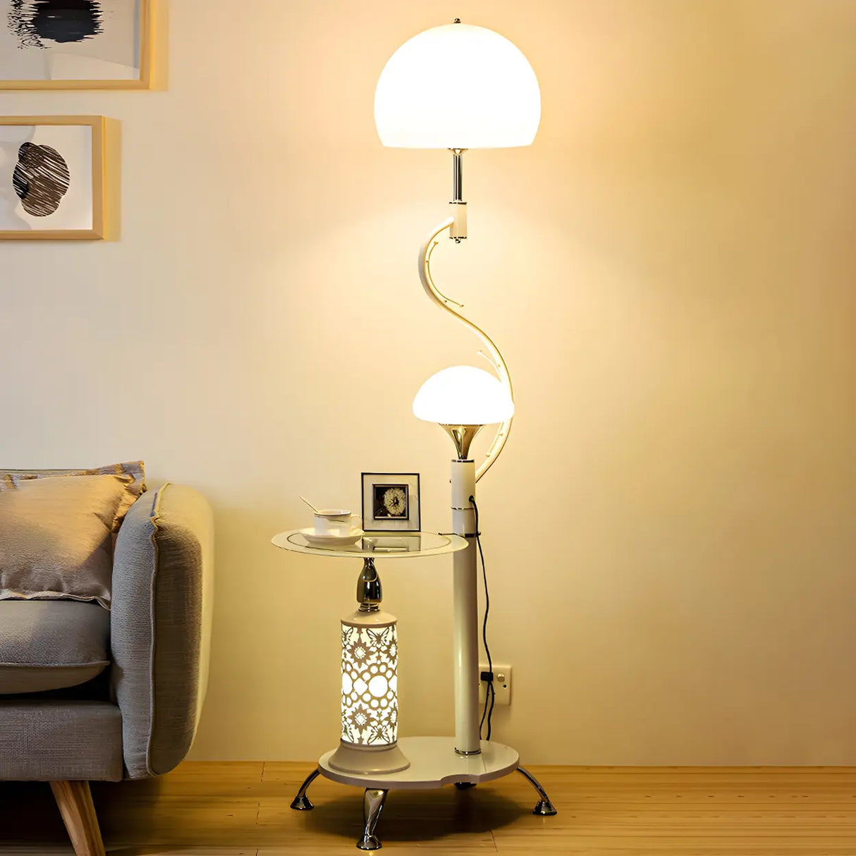 Exquisite Dome and Curved Metal Floor Lamp with Shelf Image - 5