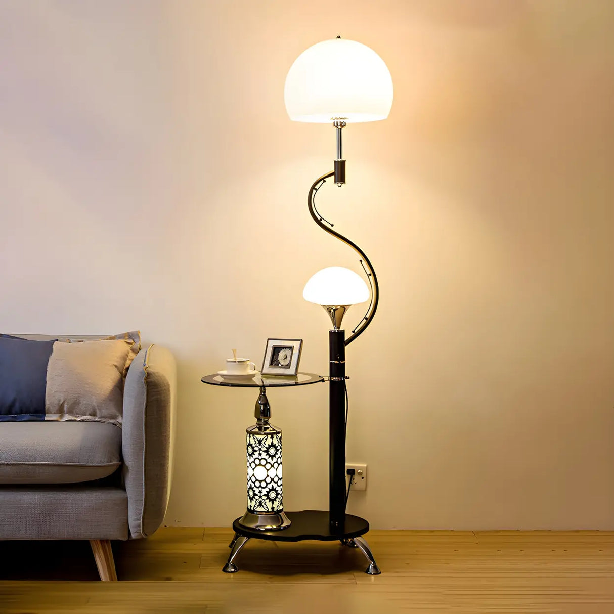 Exquisite Dome and Curved Metal Floor Lamp with Shelf Image - 6