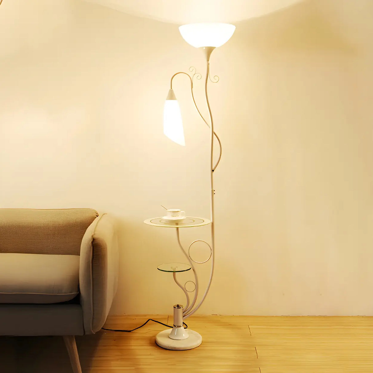 Exquisite Dome and Curved Metal Floor Lamp with Shelf Image - 7