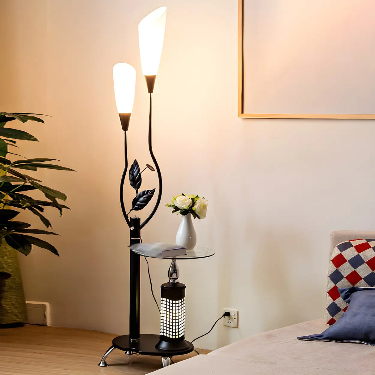 Exquisite Dome and Curved Metal Floor Lamp with Shelf Image - 8