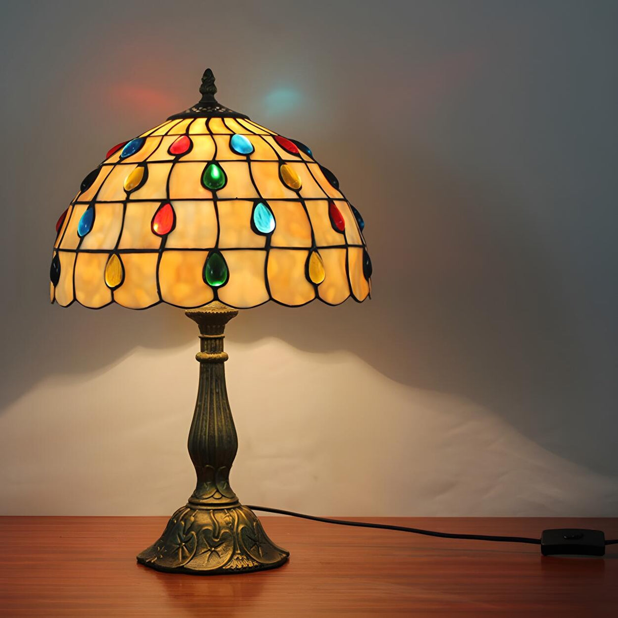 Exquisite Tiffany Umbrella Glass Shade Brass Table Lamp Image - 4
