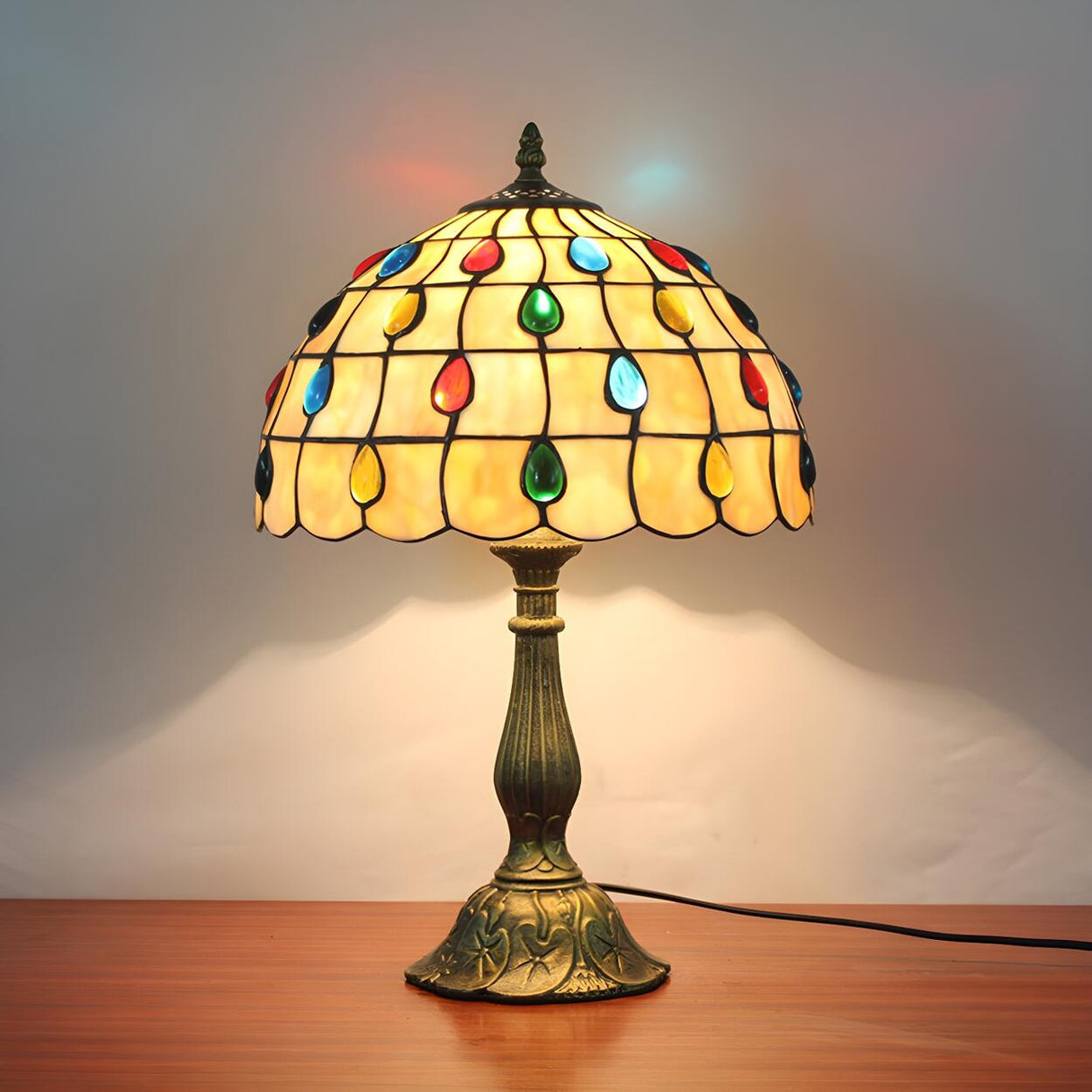 Exquisite Tiffany Umbrella Glass Shade Brass Table Lamp Image - 6