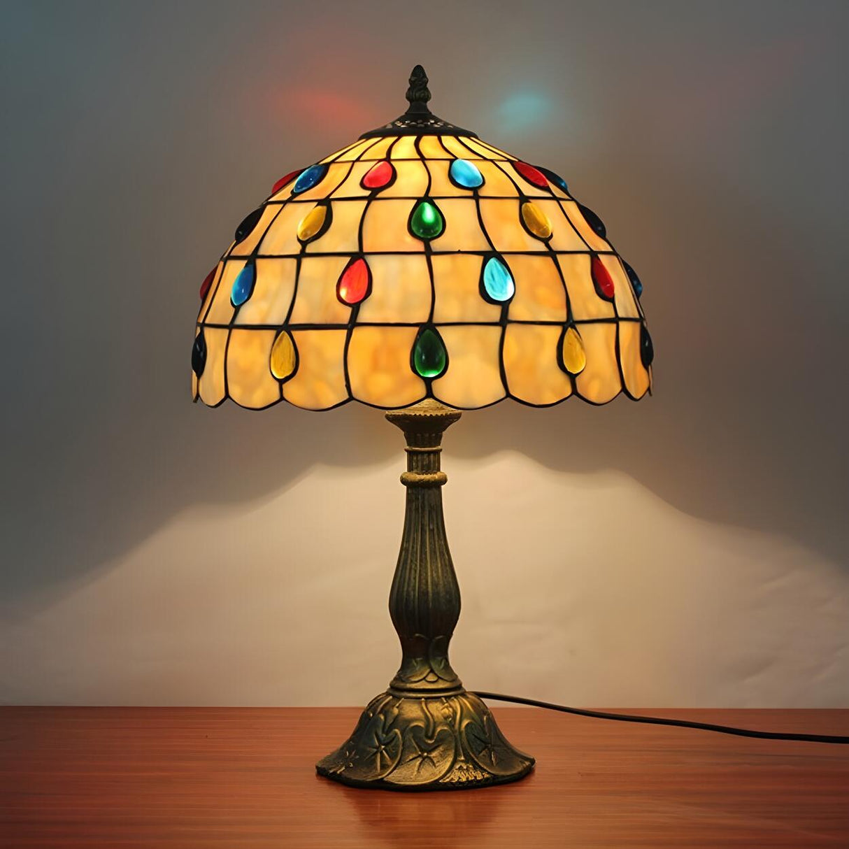 Exquisite Tiffany Umbrella Glass Shade Brass Table Lamp Image - 7