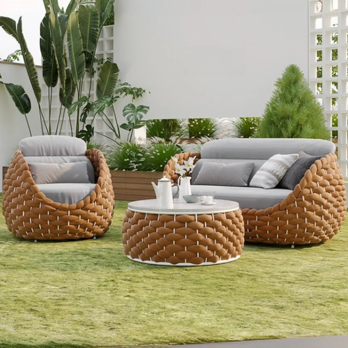 Exquisite Waterproof Woven Oval Rattan Gray Patio Set Image - 1