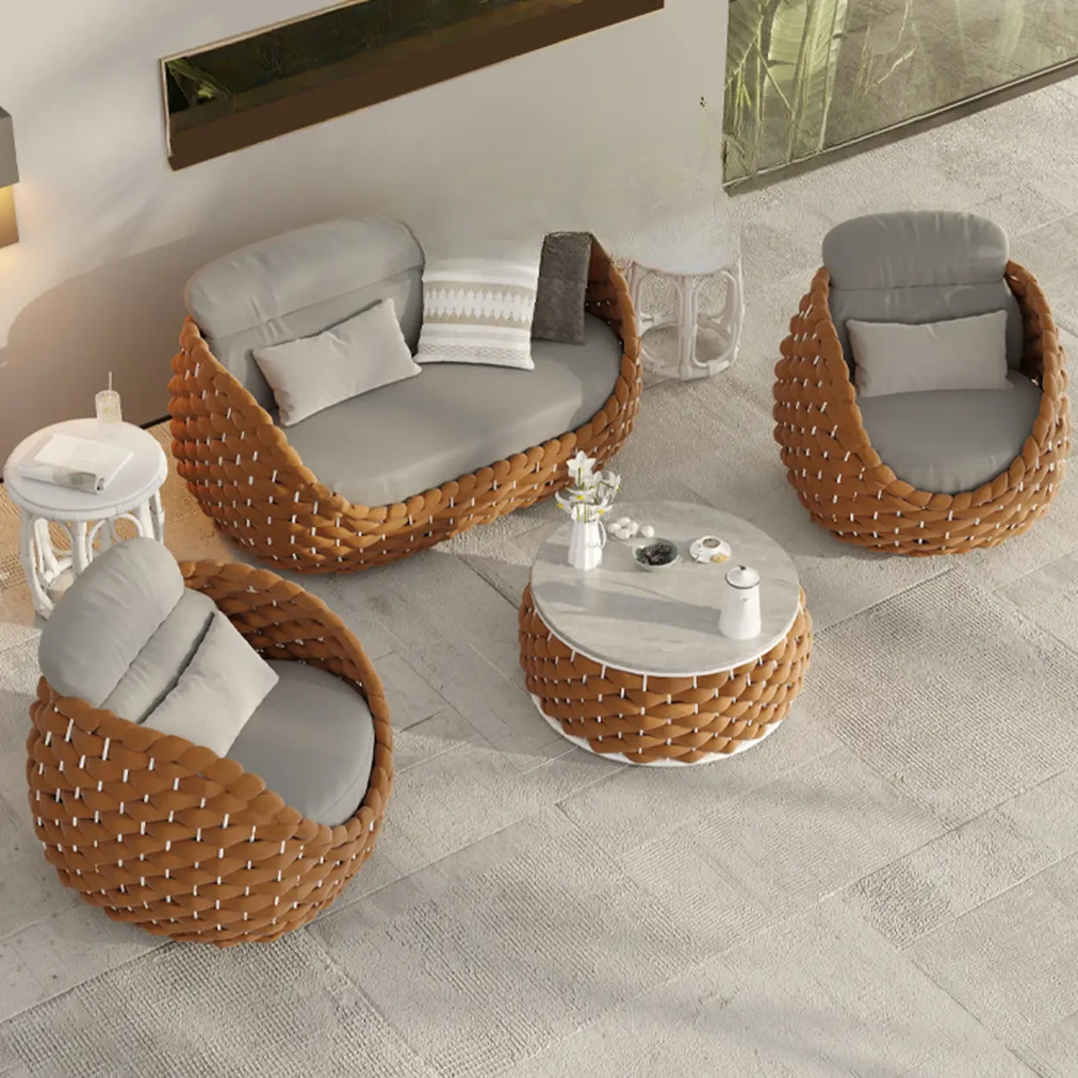 Exquisite Waterproof Woven Oval Rattan Gray Patio Set Image - 6