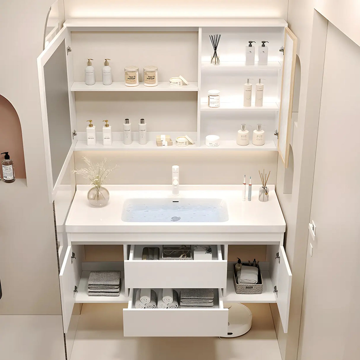 Exquisite White Wood Mirror Waterproof Storage Bath Vanity Image - 1