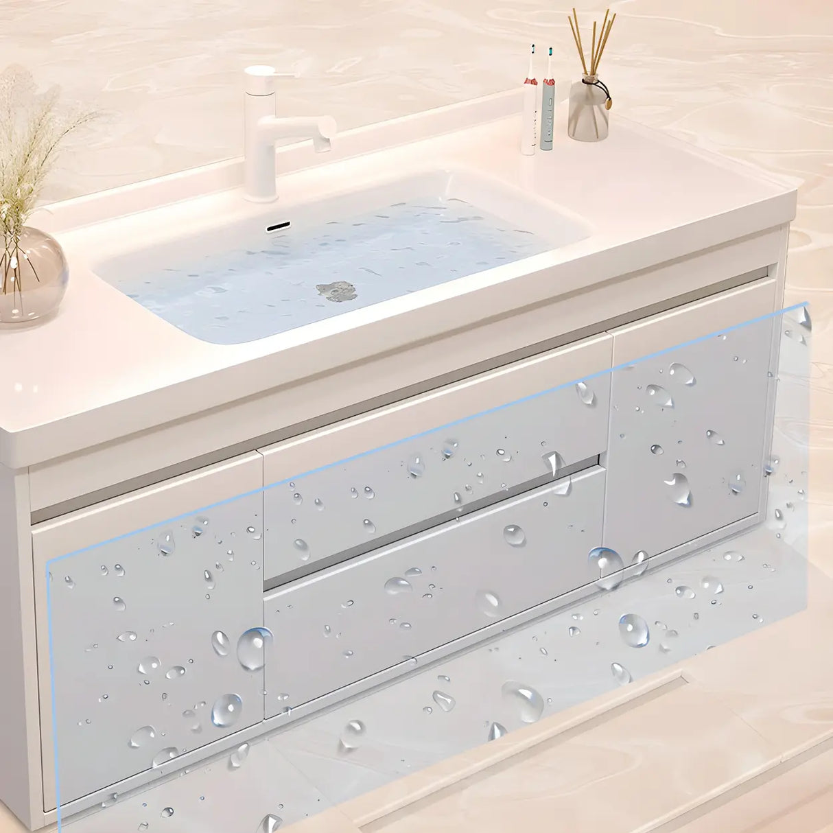 Exquisite White Wood Mirror Waterproof Storage Bath Vanity Image - 11