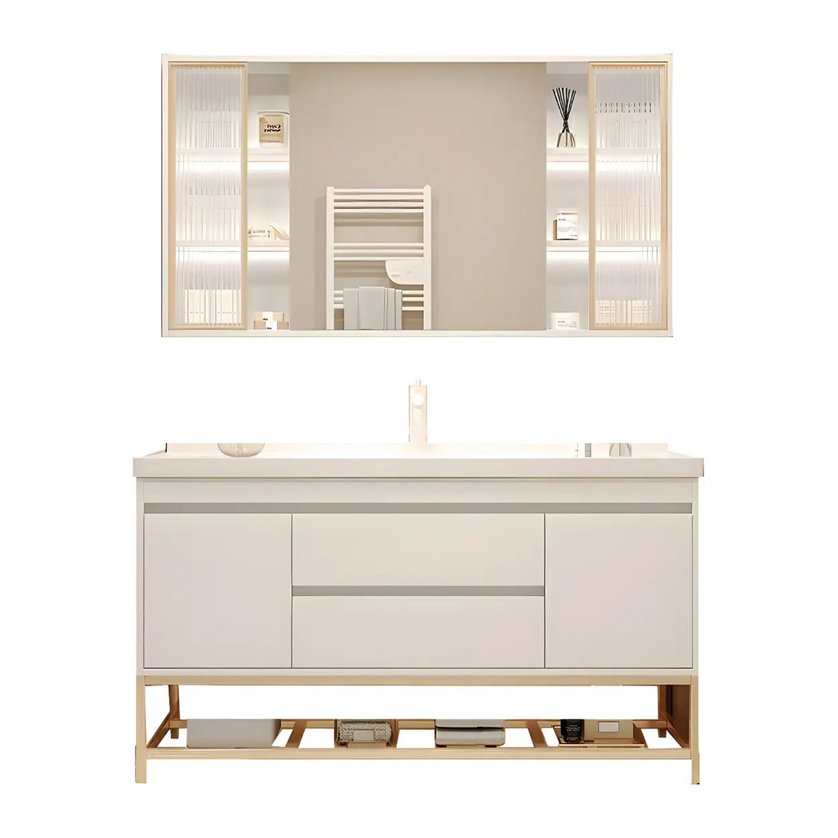 Exquisite White Wood Mirror Waterproof Storage Bath Vanity Image - 12