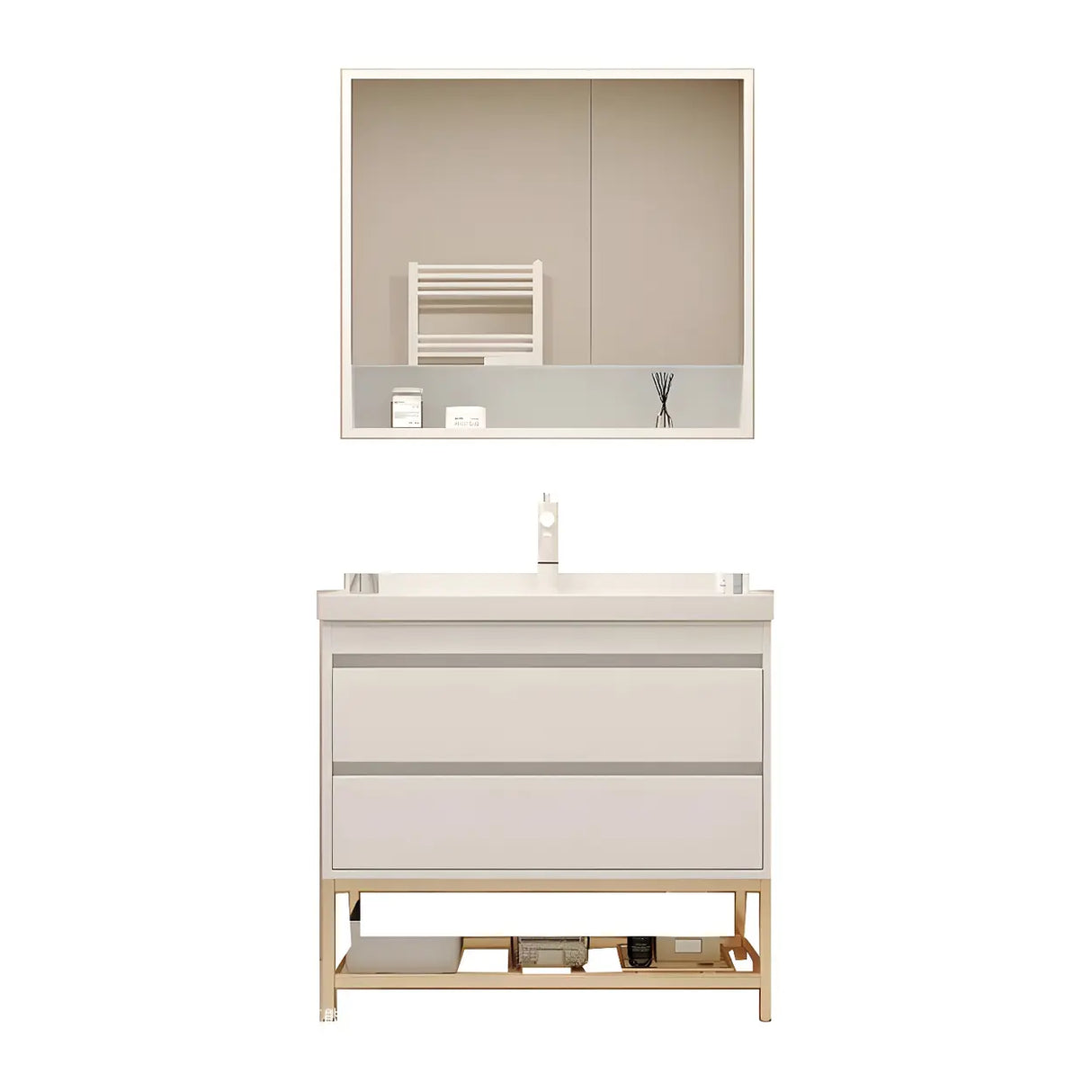 Exquisite White Wood Mirror Waterproof Storage Bath Vanity Image - 14