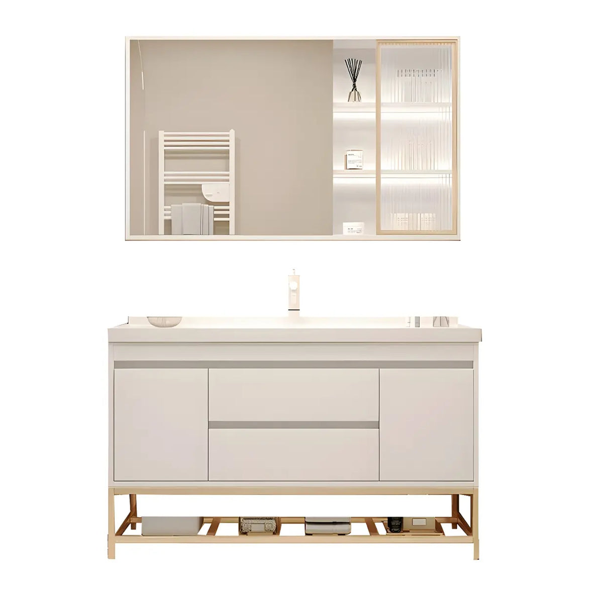 Exquisite White Wood Mirror Waterproof Storage Bath Vanity Image - 2