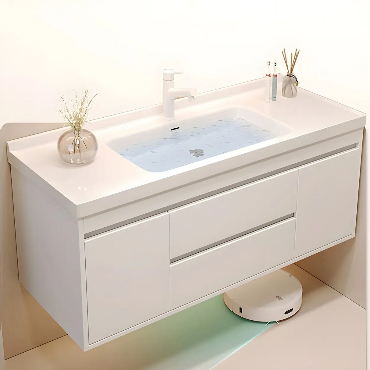 Exquisite White Wood Mirror Waterproof Storage Bath Vanity Image - 7