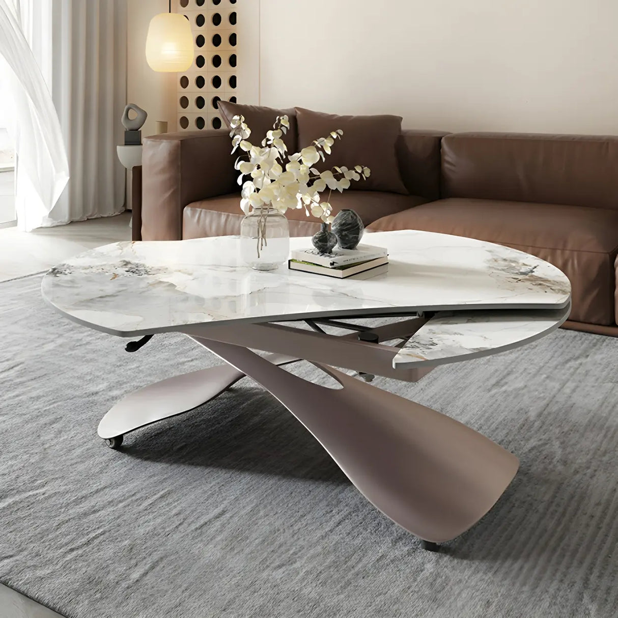 Extendable Cross Legs Stone Coffee Table with Lift Top Image - 1