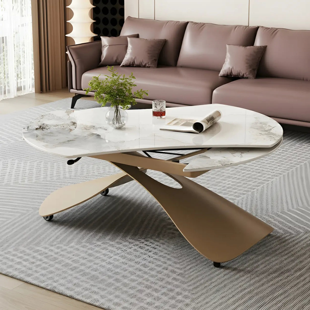 Extendable Cross Legs Stone Coffee Table with Lift Top Image - 3