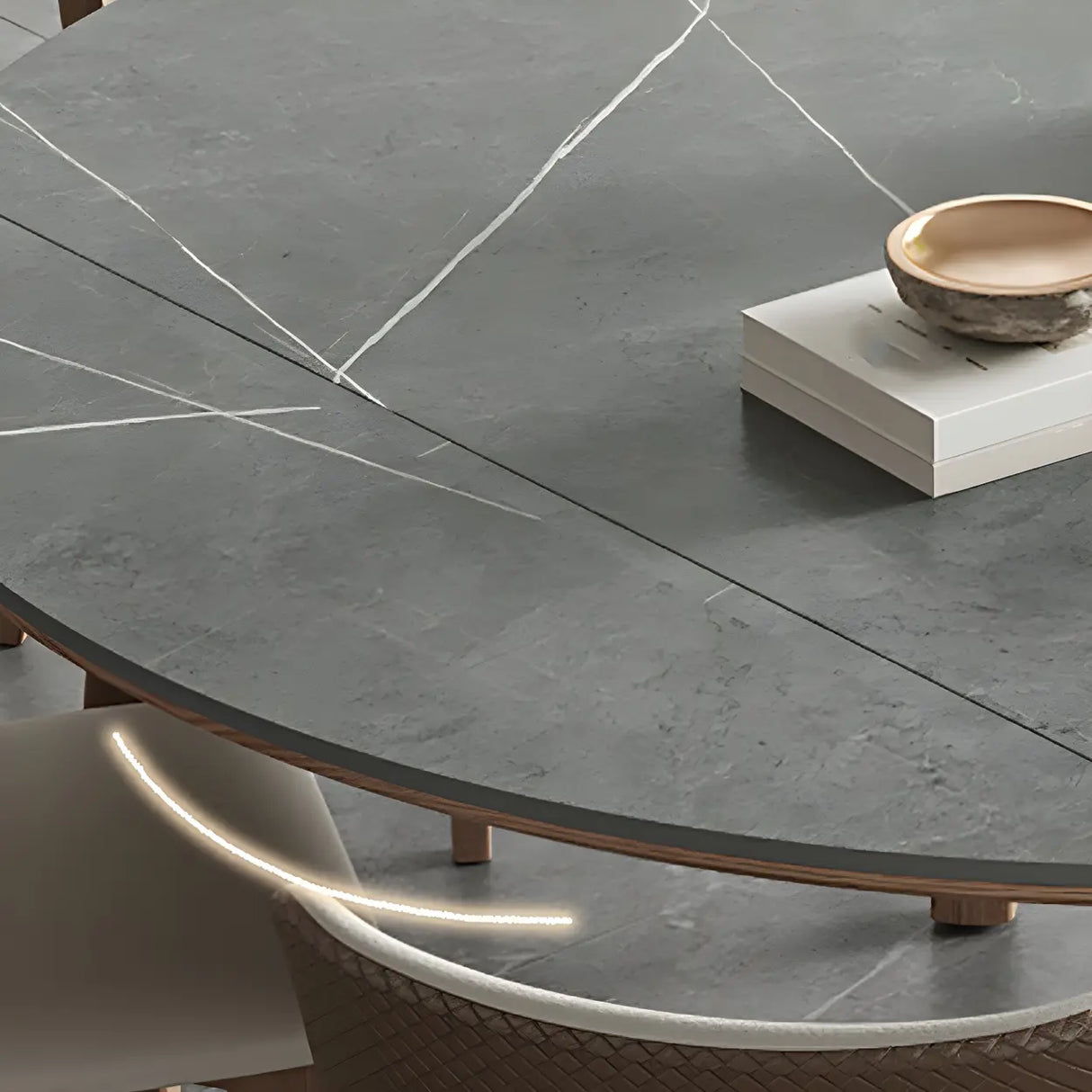 Extendable Modern Round Stone Dining Table Ash Wood Legs Image - 9