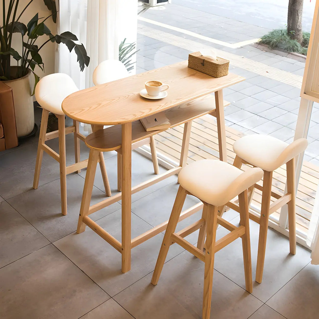 White Upholstered Bucket Seat Wood Bar Stool Image - 17