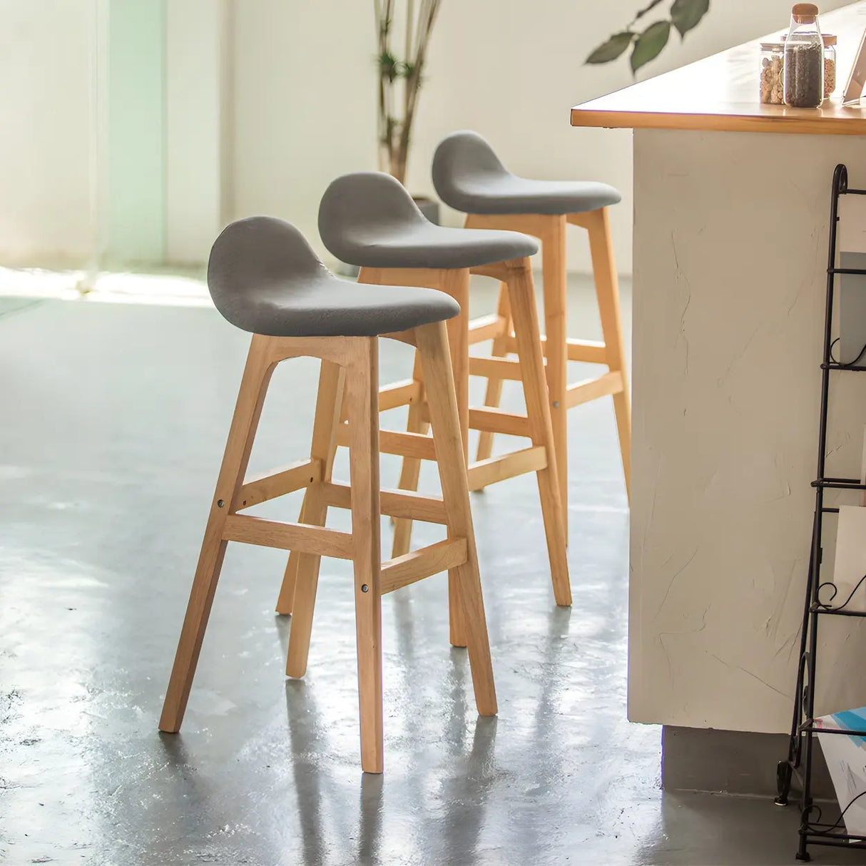 White Upholstered Bucket Seat Wood Bar Stool Image - 4