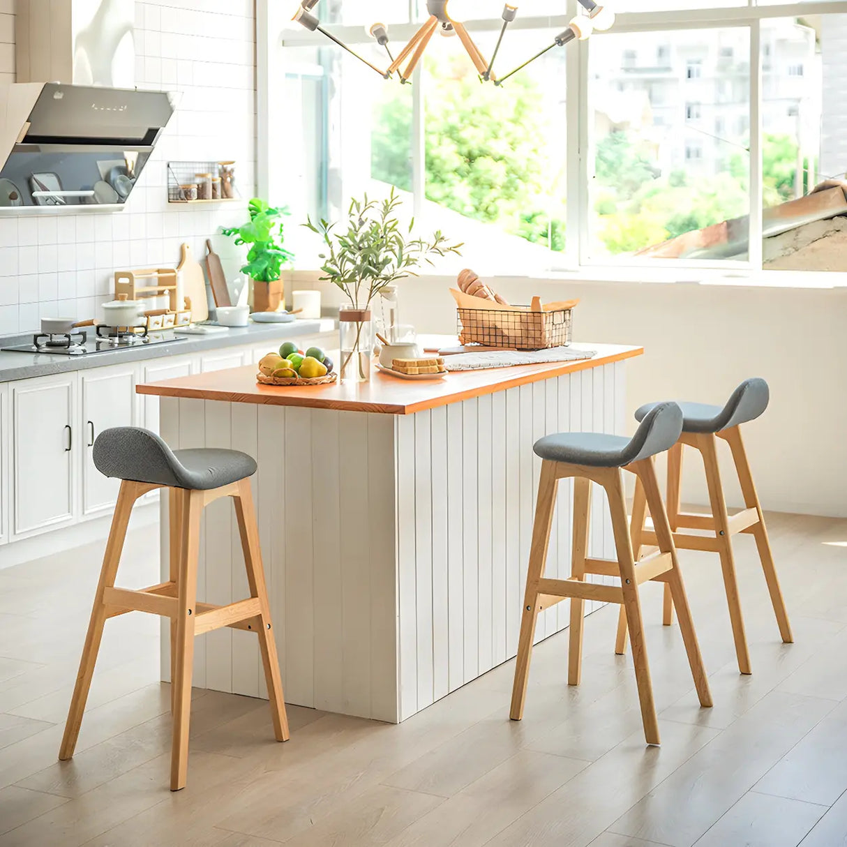 White Upholstered Bucket Seat Wood Bar Stool Image - 6