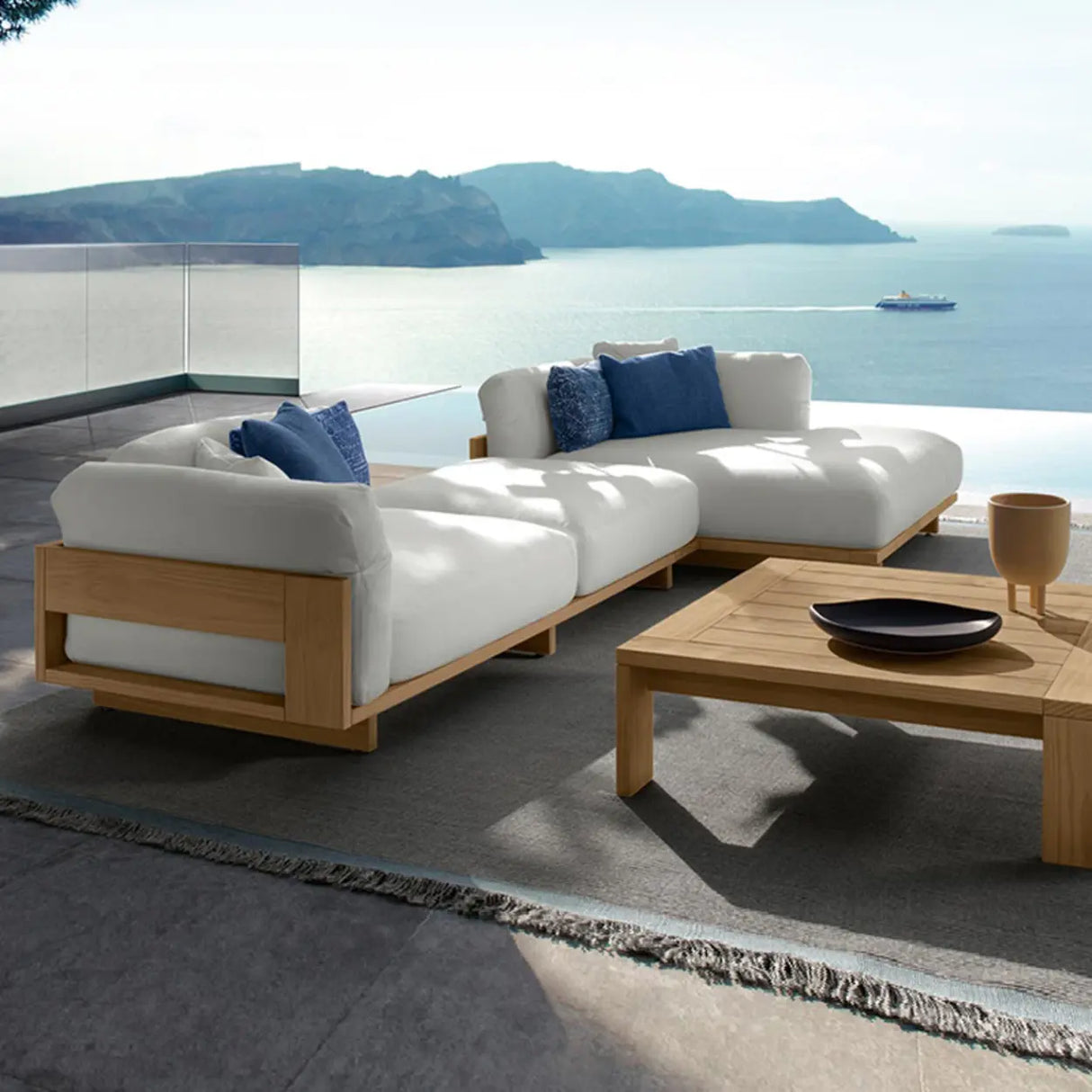 Fade Resistant Teak L-Shaped White Cushions Patio Sofa Set Image - 1