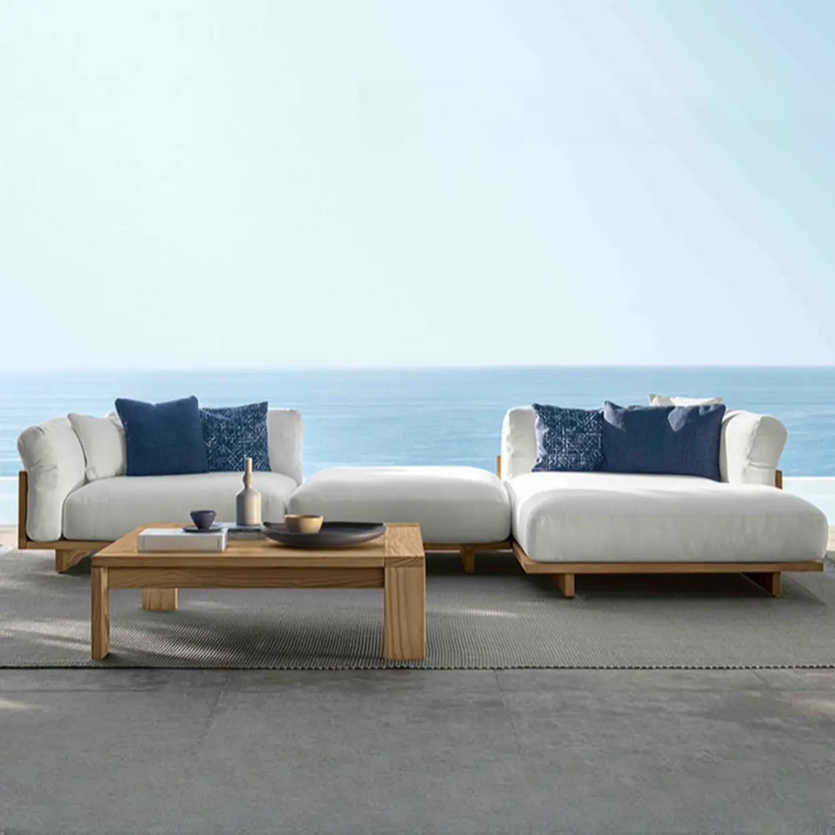 Fade Resistant Teak L-Shaped White Cushions Patio Sofa Set Image - 4