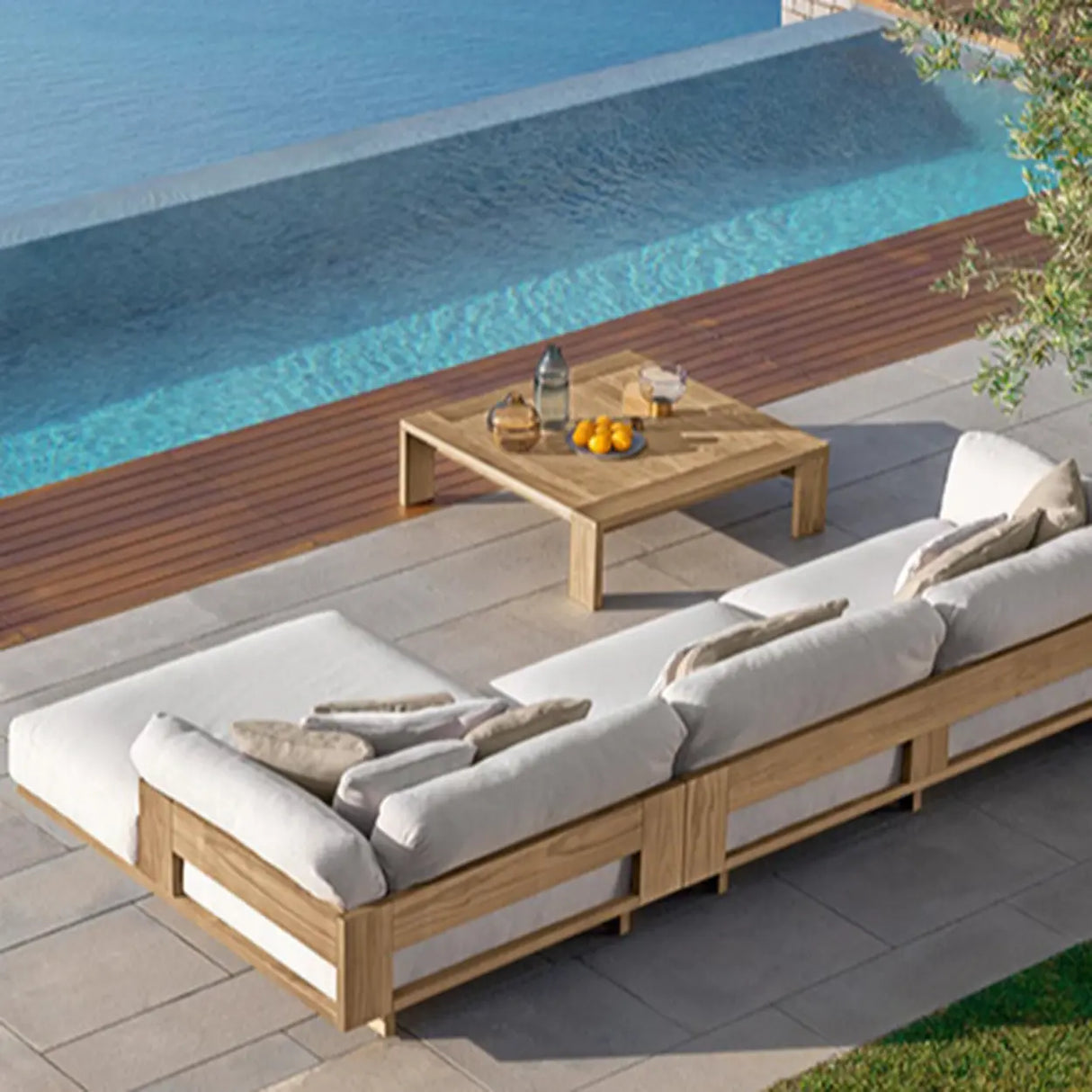 Fade Resistant Teak L-Shaped White Cushions Patio Sofa Set Image - 6